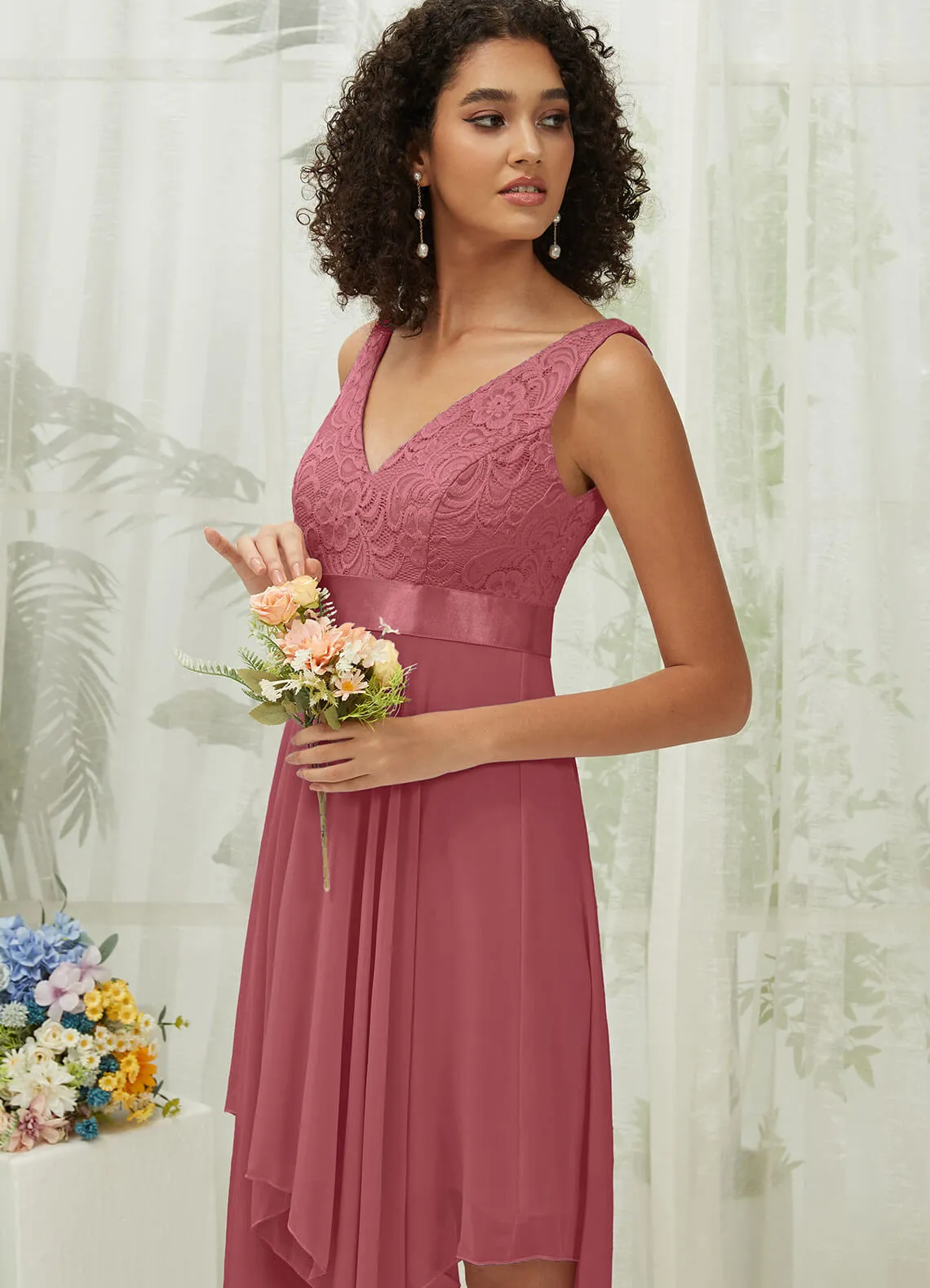 Canyon Rose Lace V-Neck Sleeveless Midi Length Chiffon Flowy Bridesmaid Dresses