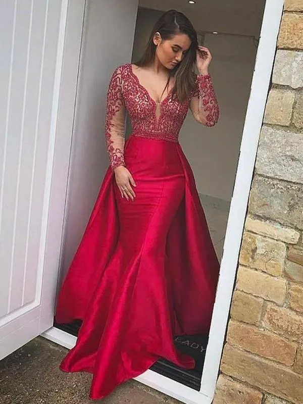 Chic Mermaid Red Prom Dress Long Sleeve Red Prom Dress #ER162