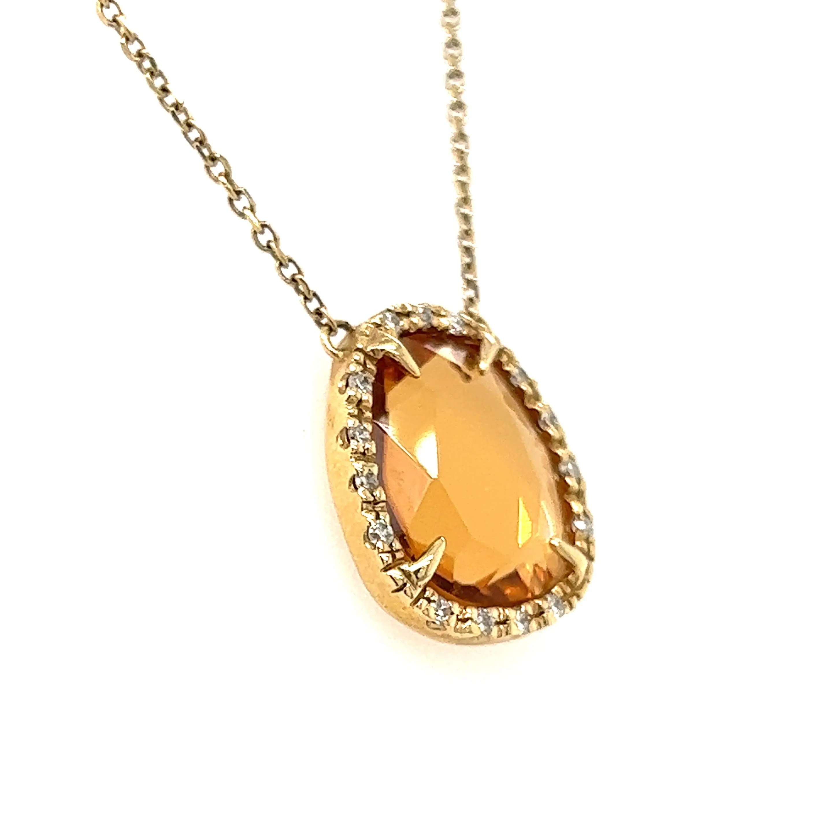 Citrine Necklace with Fifteen Diamonds in 14K Yellow Gold with Diamonds