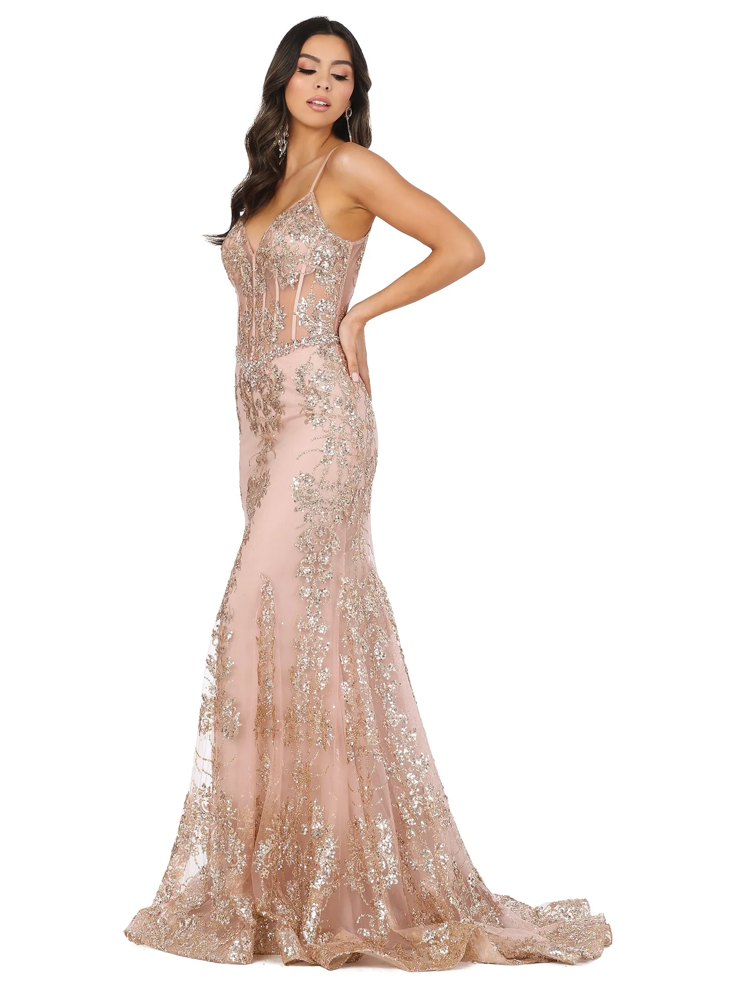 Corset-Bodice Long Sparkly Beaded Formal Dress