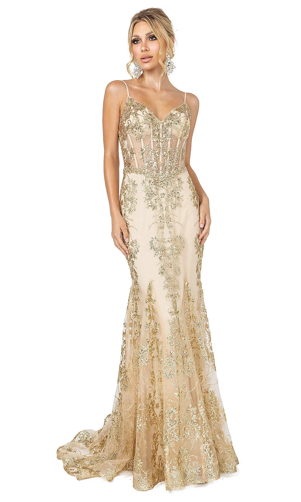 Corset-Bodice Long Sparkly Beaded Formal Dress