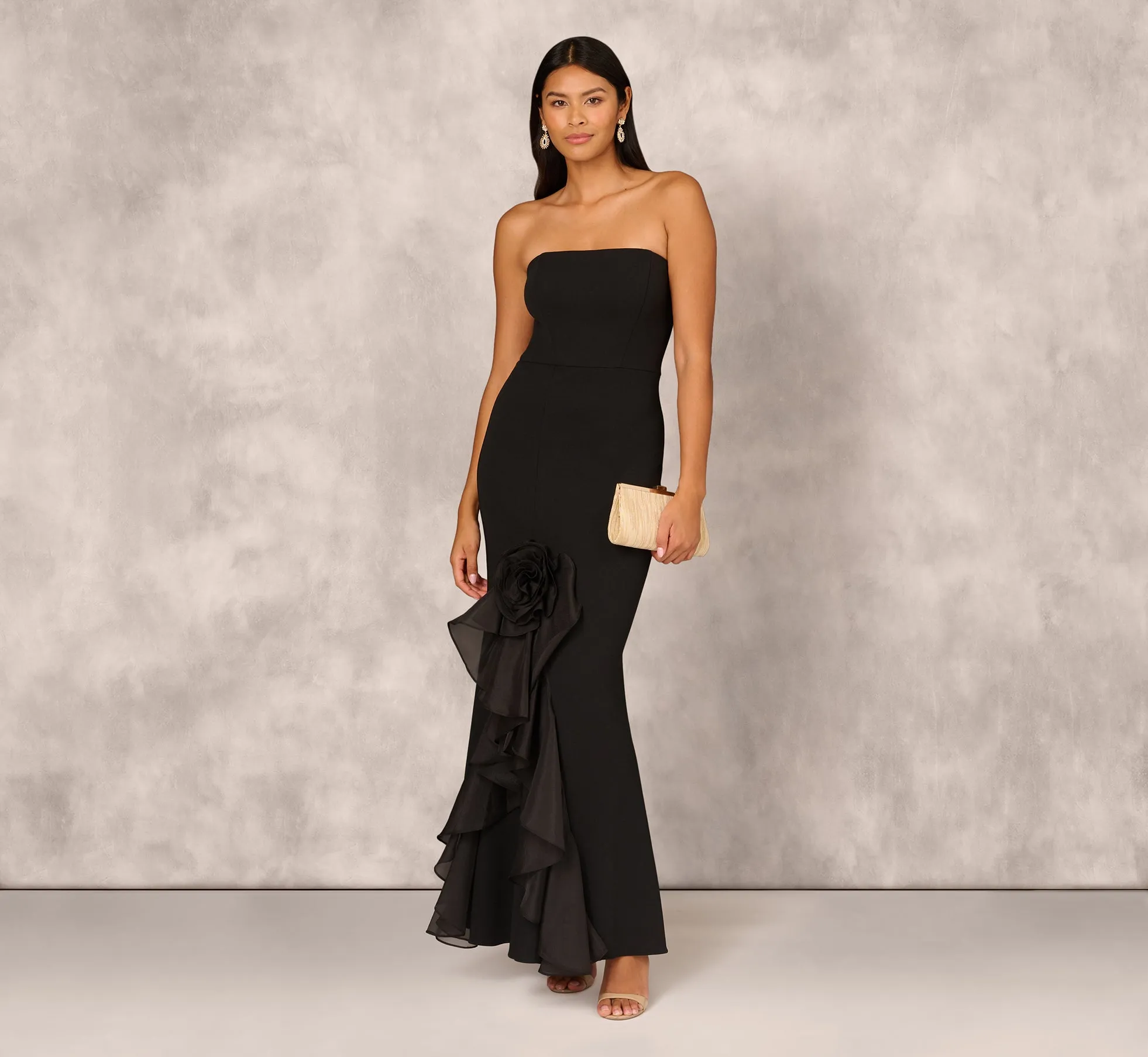 Crepe Strapless Mermaid Gown With Organza Ruffle Skirt In Black