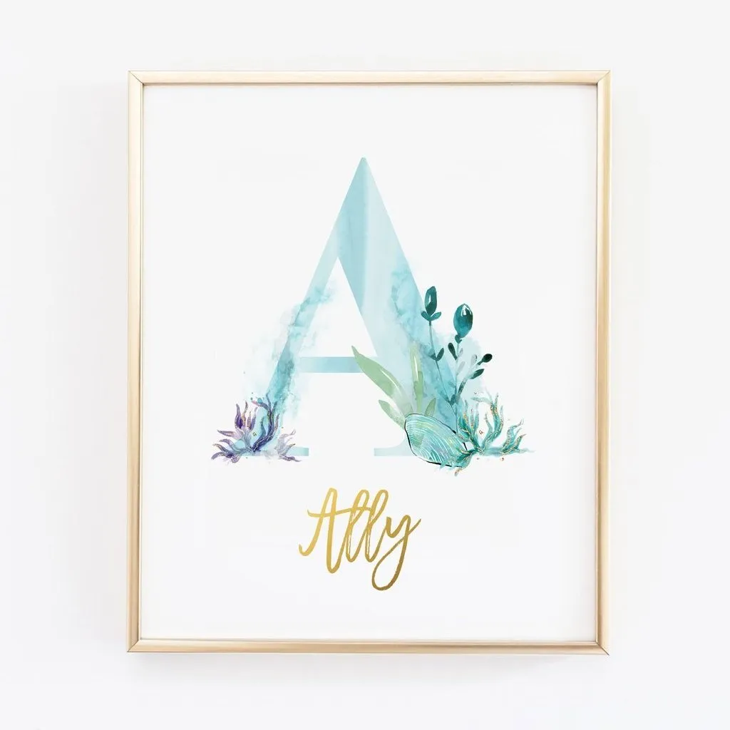 Customized Mermaid Girl Name Wall Art with Baby Birth Stat Details in teal