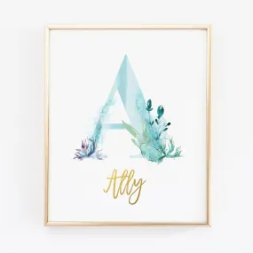 Customized Mermaid Girl Name Wall Art with Baby Birth Stat Details in teal