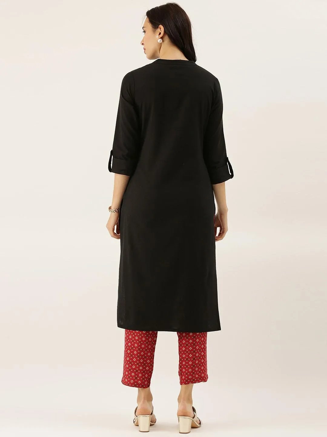 Divena Black Solid Straight Roll up Kurti