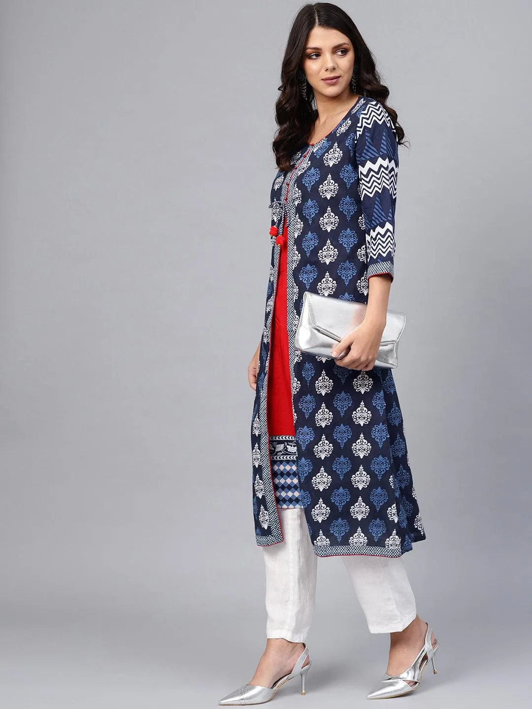 Divena Blue Cotton & Rayon A-line Kurti