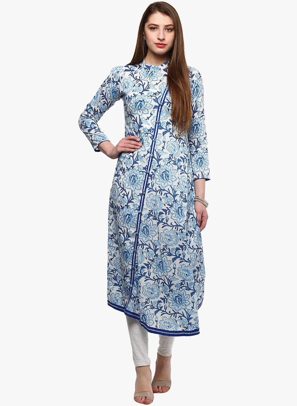 Divena Hand Block Blue And White Printed Angrakha Anarkali