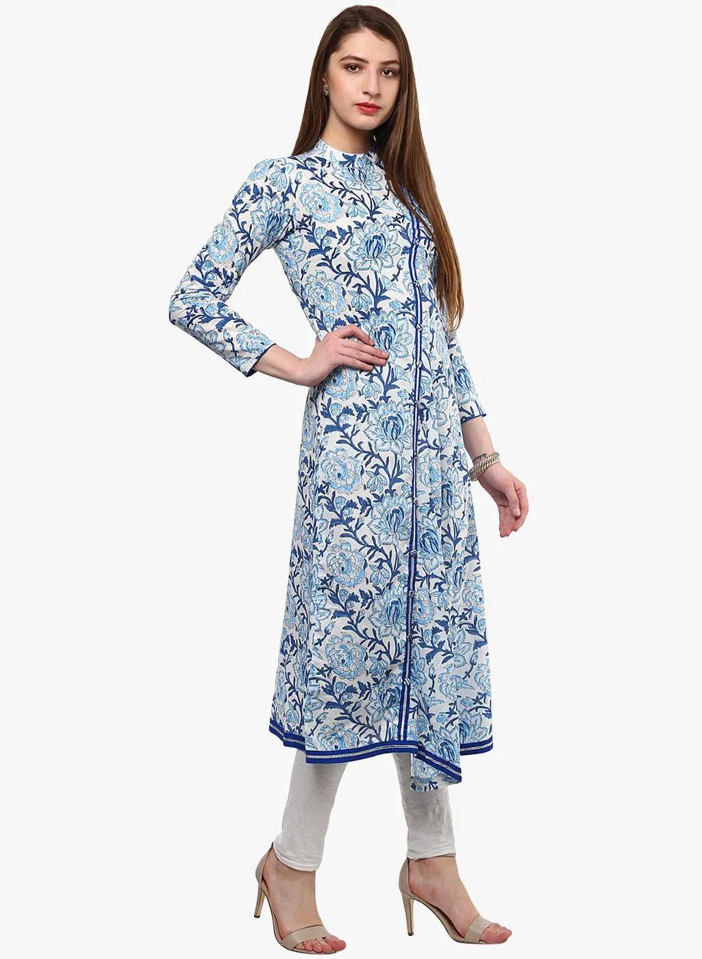 Divena Hand Block Blue And White Printed Angrakha Anarkali