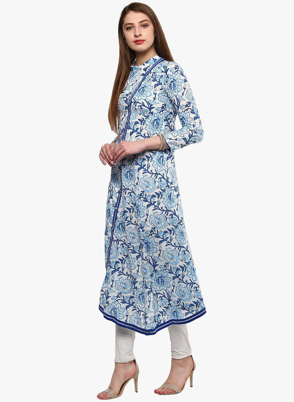 Divena Hand Block Blue And White Printed Angrakha Anarkali