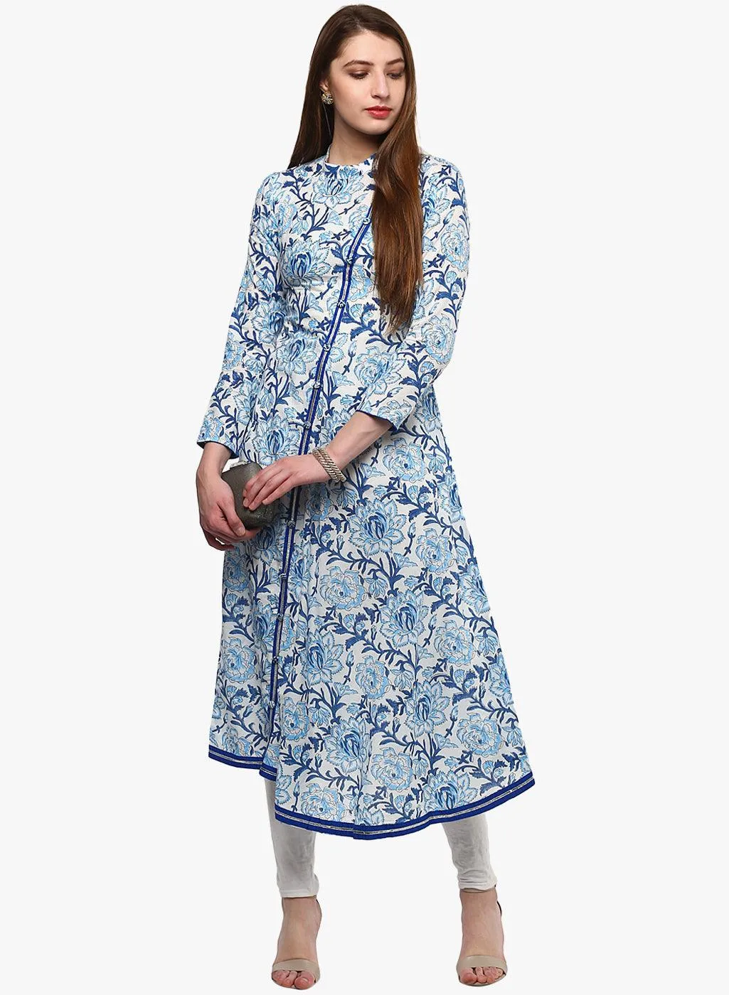 Divena Hand Block Blue And White Printed Angrakha Anarkali