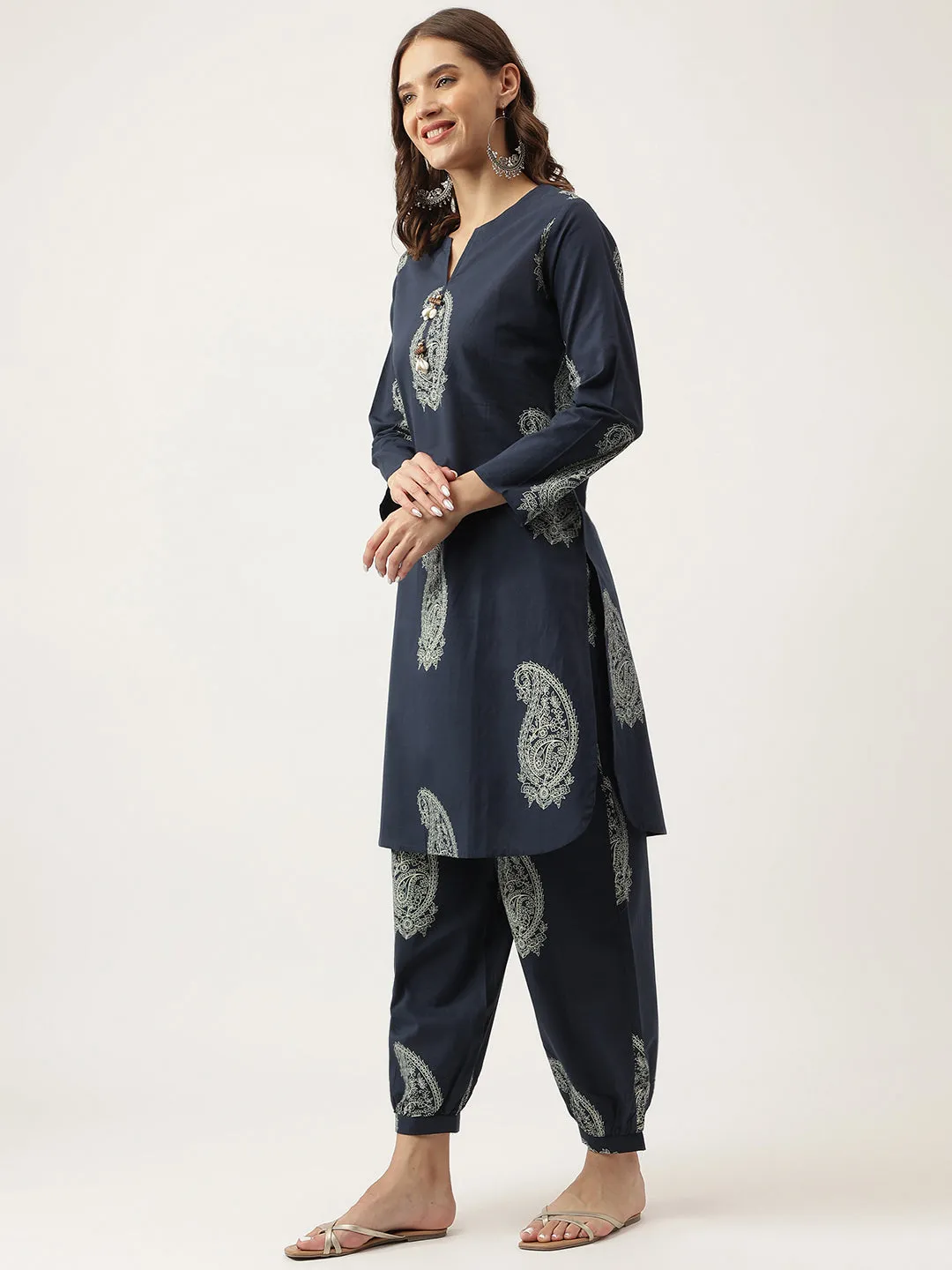 Divena Navy Cotton Paisley Print Kurta Hem Cuffed Pant set