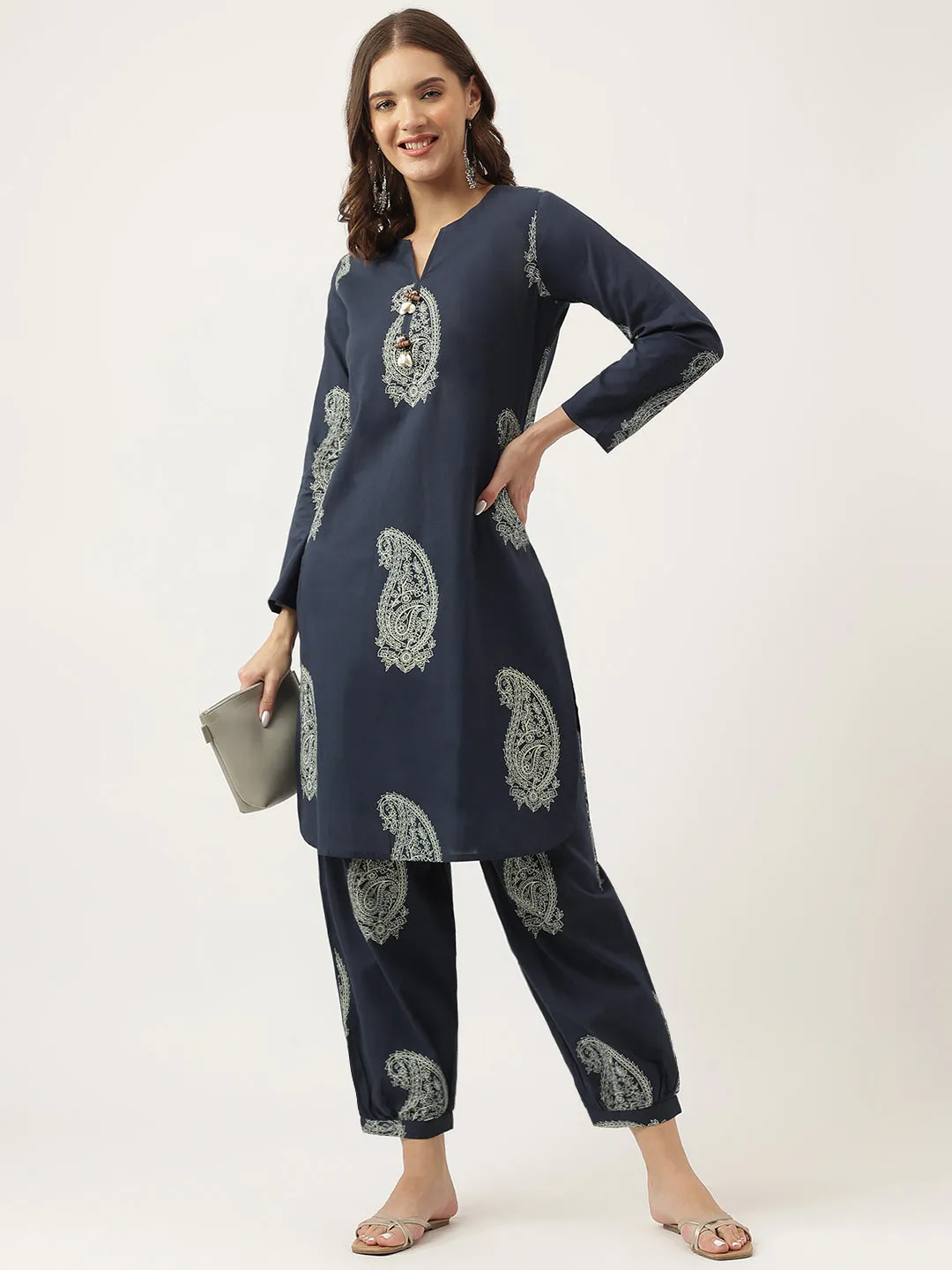 Divena Navy Cotton Paisley Print Kurta Hem Cuffed Pant set