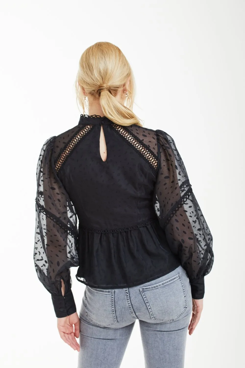 Double Second Black Polka Dot Organza Puff Sleeve Top