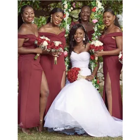 Dusty Red Mermaid Off Shoulder Side Slit Cheap Long Bridesmaid Dresses,WG1333