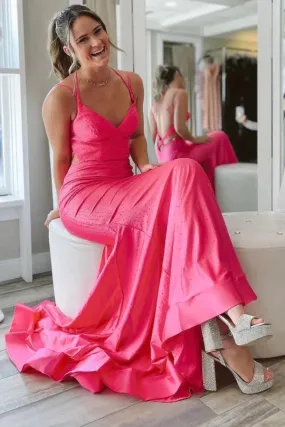 Elegant Hot Pink Mermaid V Neck Long Prom Dress, Backless Sleeveless Formal Dresses SH555