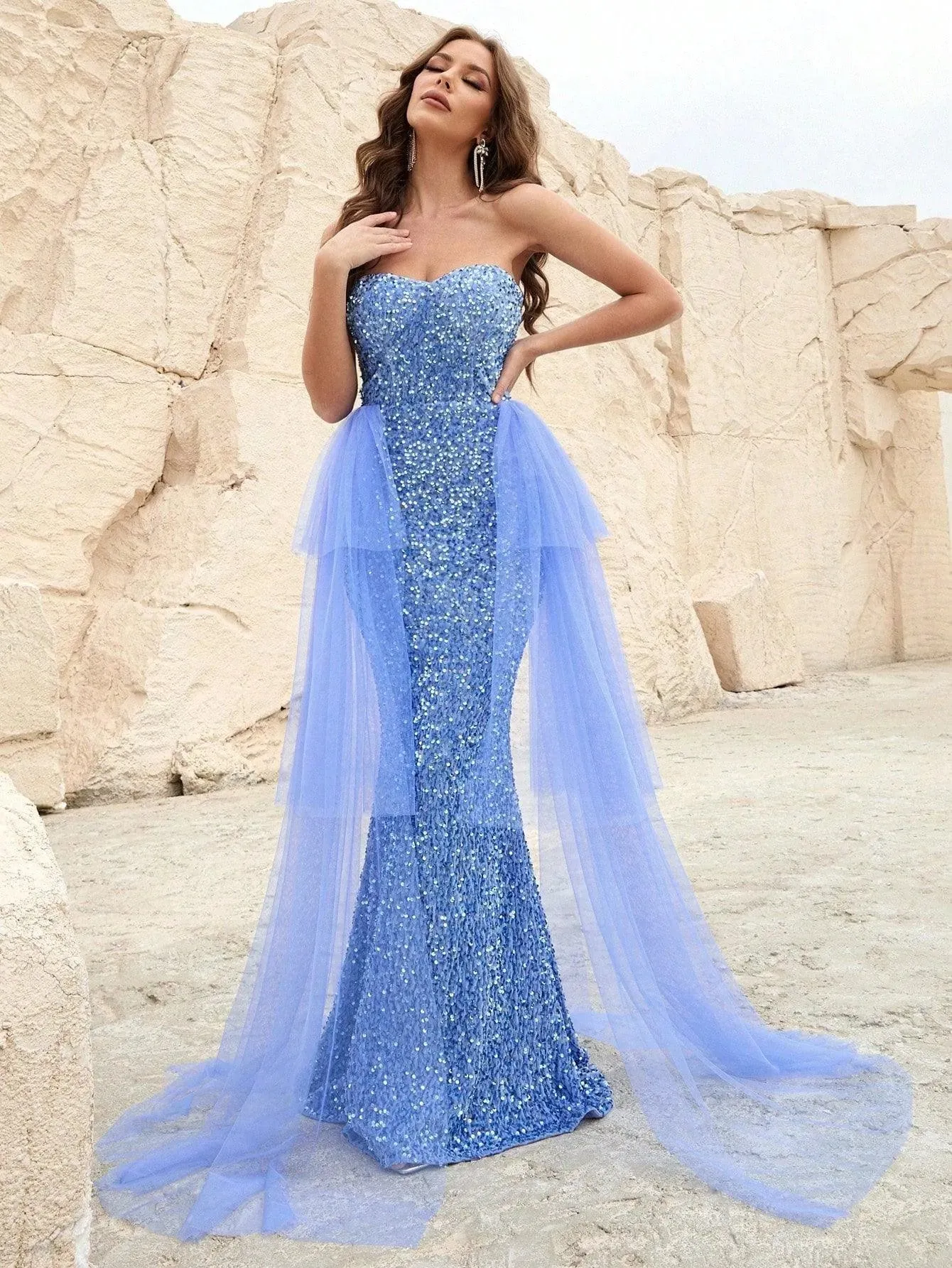 Elegant Mesh Overlay Sequin Mermaid Hem Tube Dress