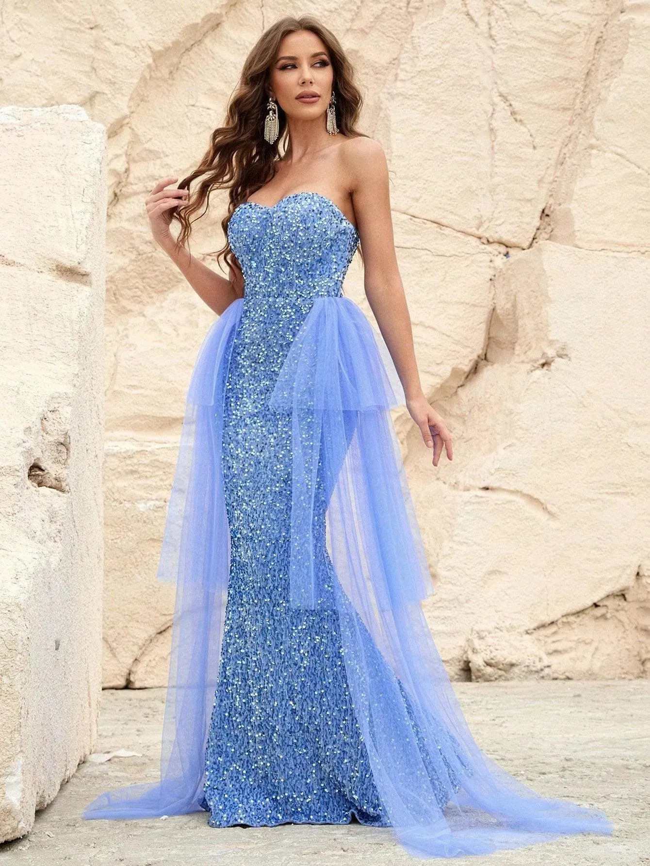 Elegant Mesh Overlay Sequin Mermaid Hem Tube Dress