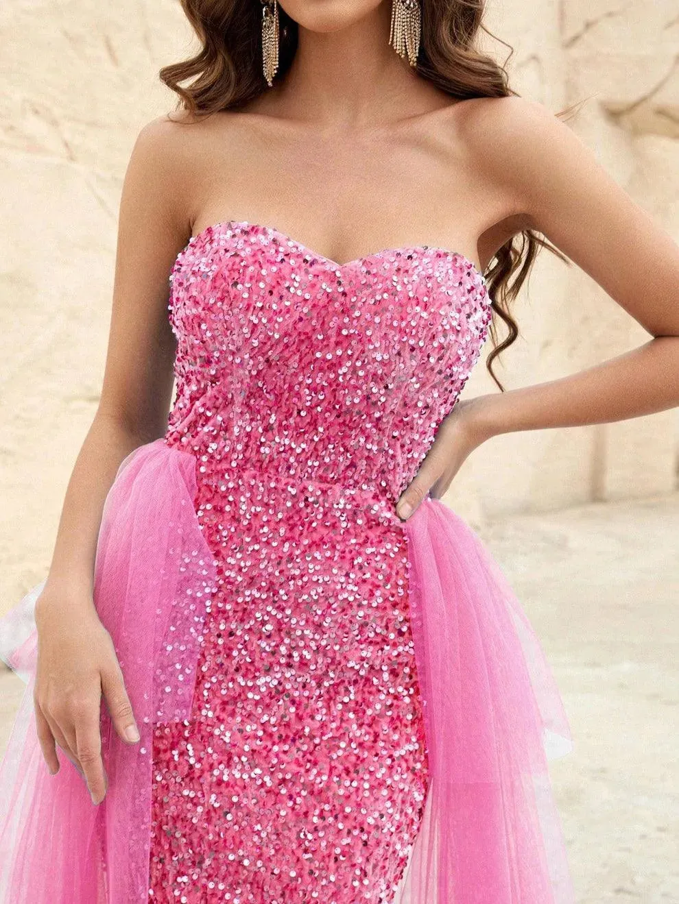 Elegant Mesh Overlay Sequin Mermaid Hem Tube Dress