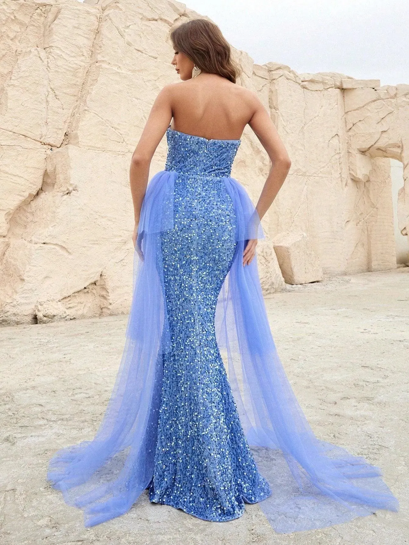 Elegant Mesh Overlay Sequin Mermaid Hem Tube Dress