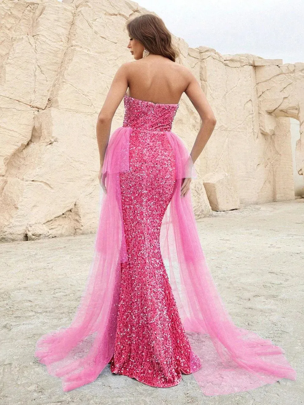 Elegant Mesh Overlay Sequin Mermaid Hem Tube Dress