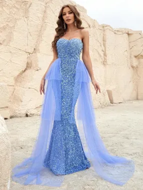 Elegant Mesh Overlay Sequin Mermaid Hem Tube Dress