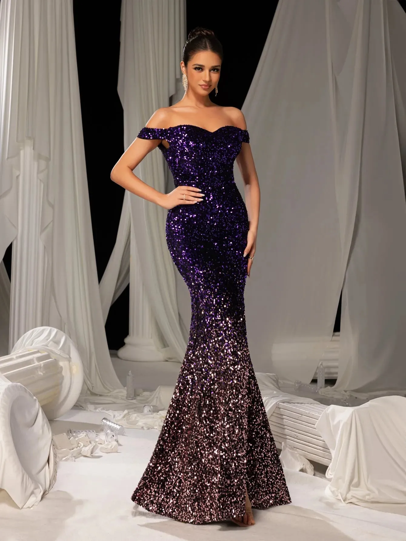 Elegant Off Shoulder Split Mermaid Hem Ombre Sequin Evening Dress