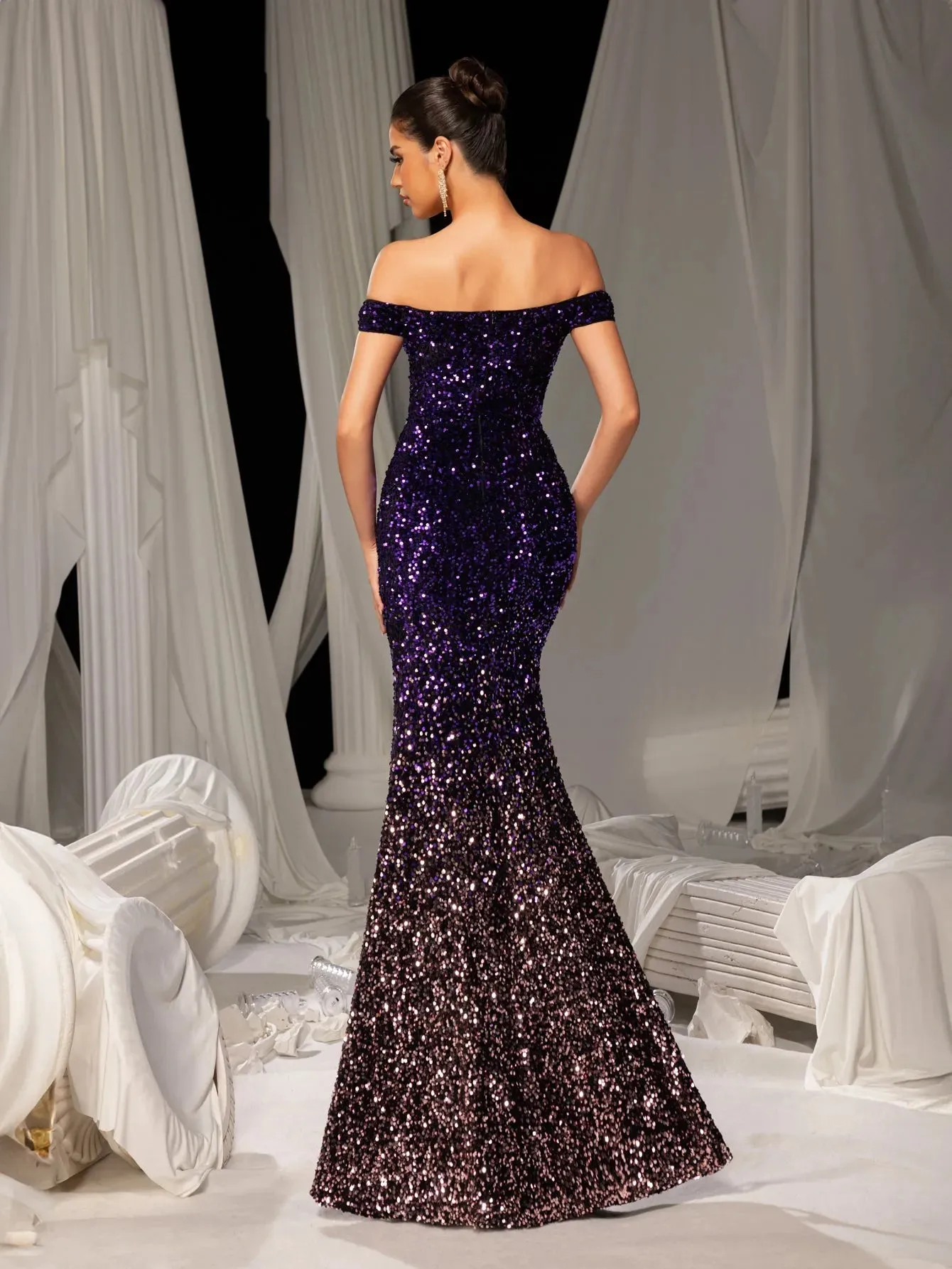 Elegant Off Shoulder Split Mermaid Hem Ombre Sequin Evening Dress