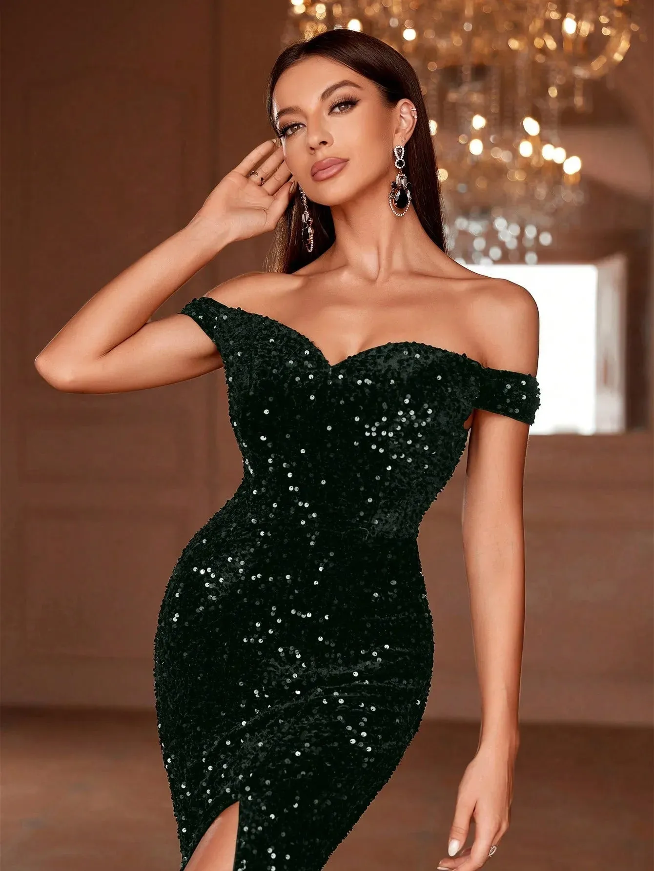 Elegant Off Shoulder Split Mermaid Hem Ombre Sequin Evening Dress