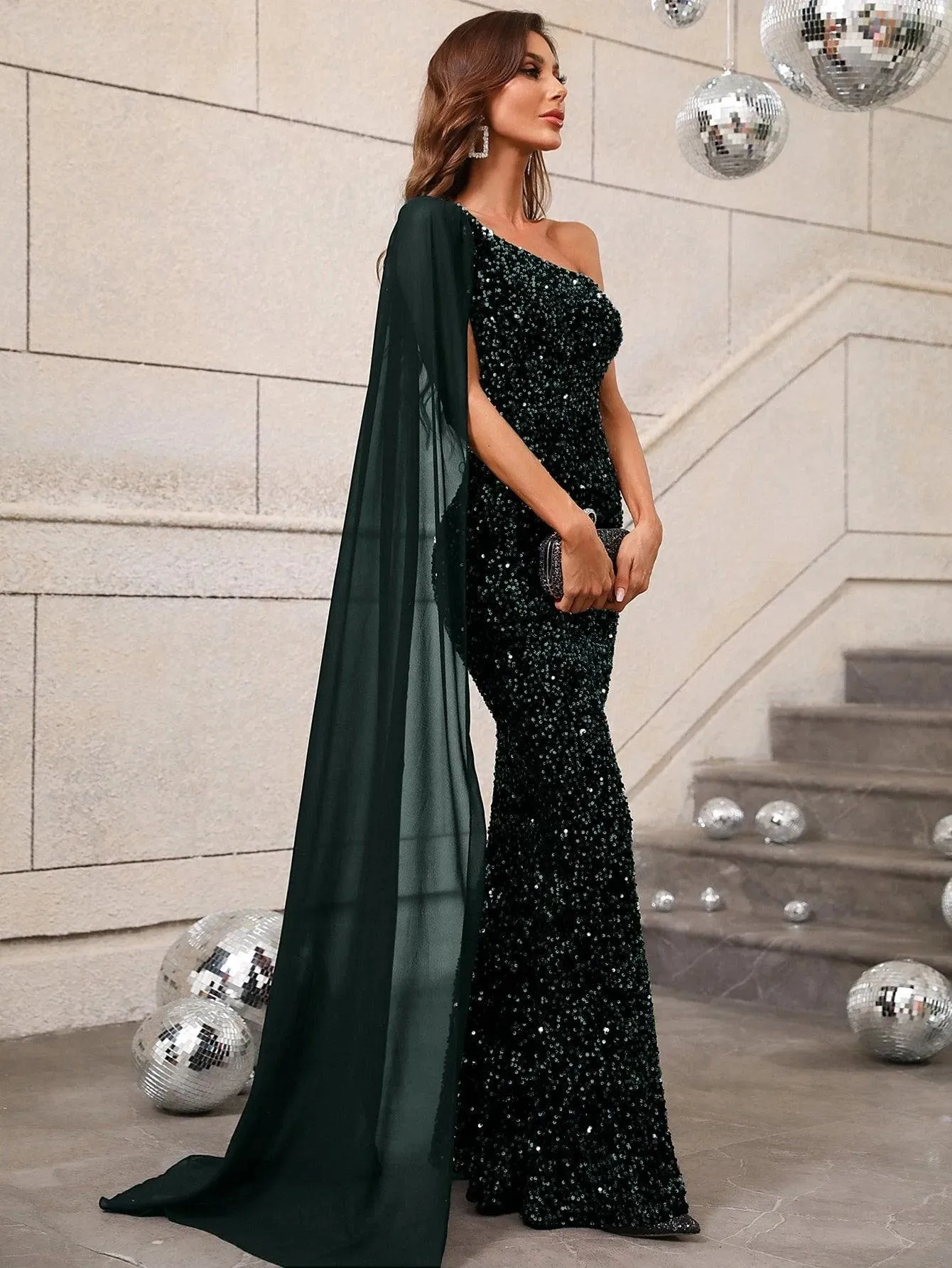 Elegant Sequin One Shoulder Sash Prom Dresses