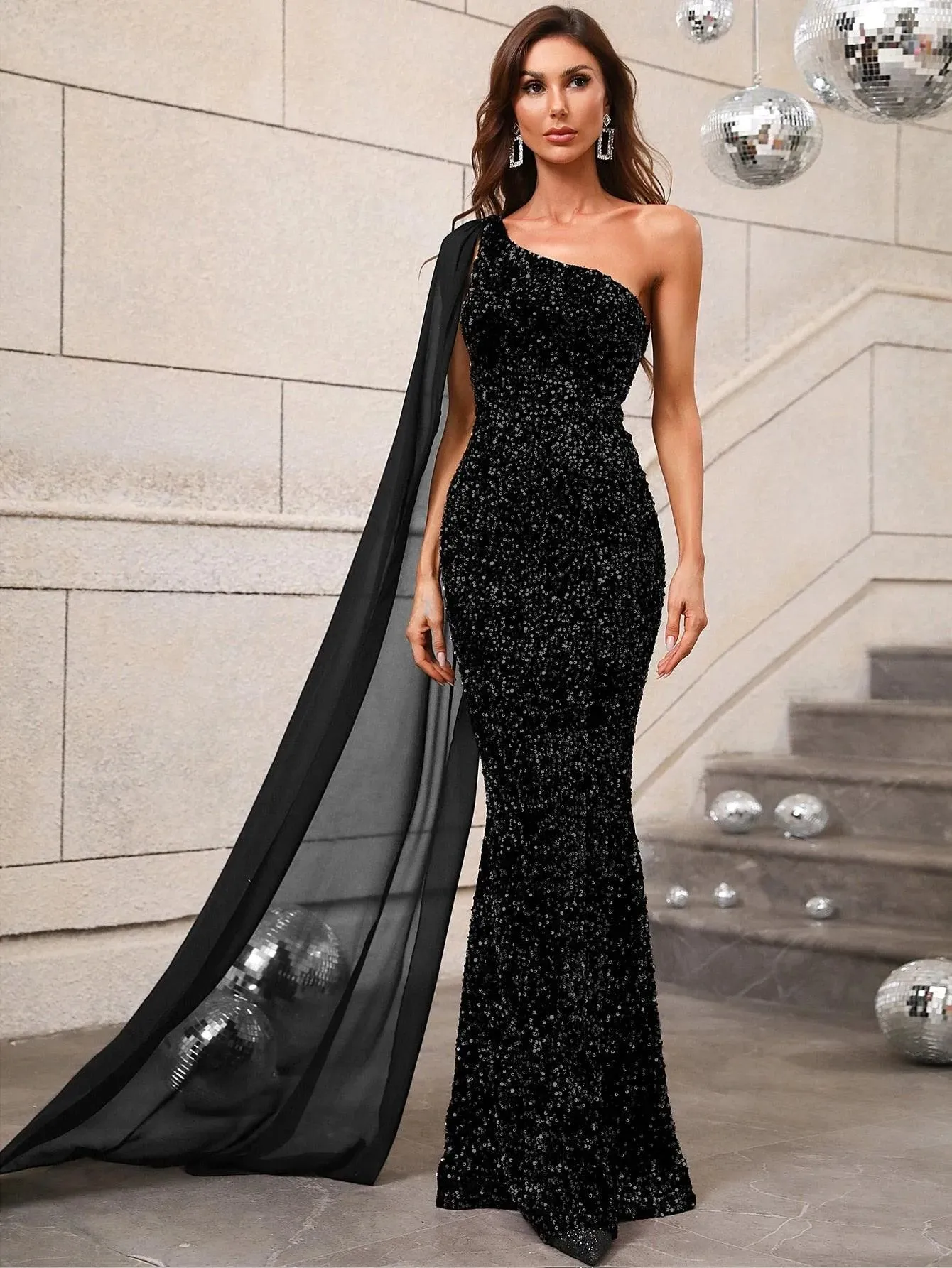 Elegant Sequin One Shoulder Sash Prom Dresses