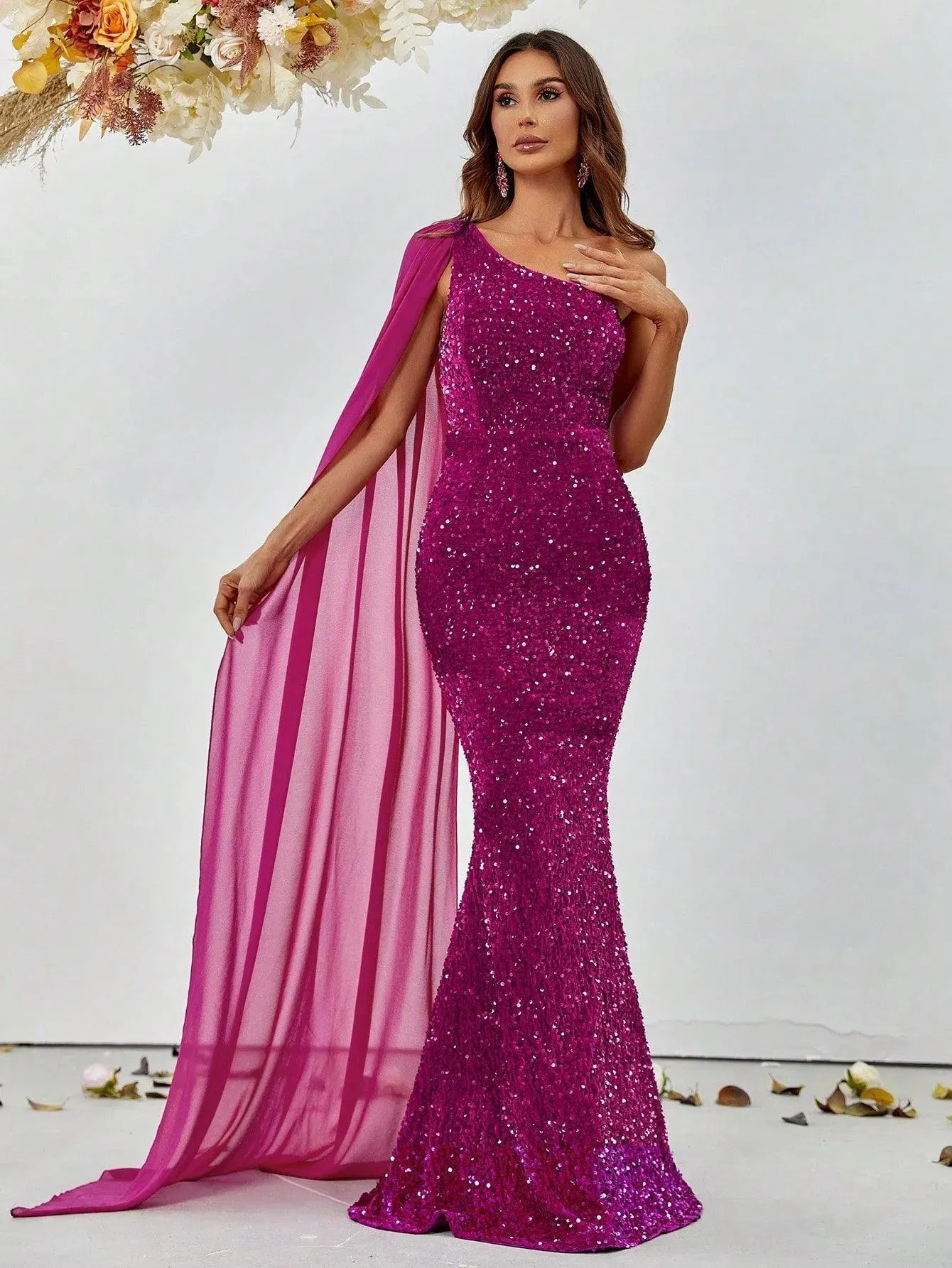 Elegant Sequin One Shoulder Sash Prom Dresses