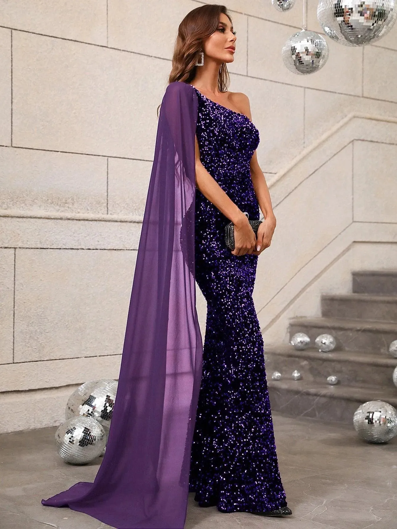 Elegant Sequin One Shoulder Sash Prom Dresses