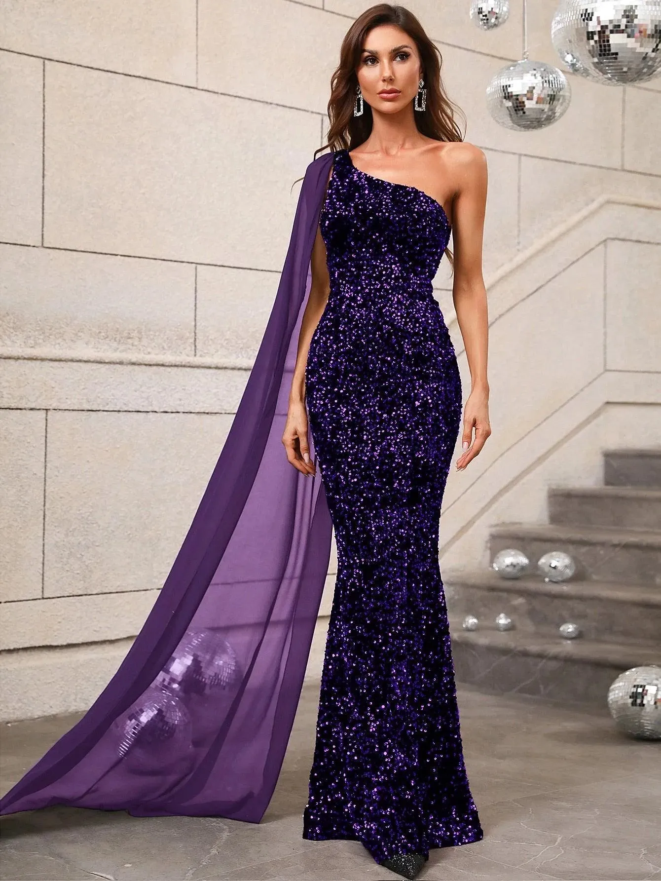 Elegant Sequin One Shoulder Sash Prom Dresses