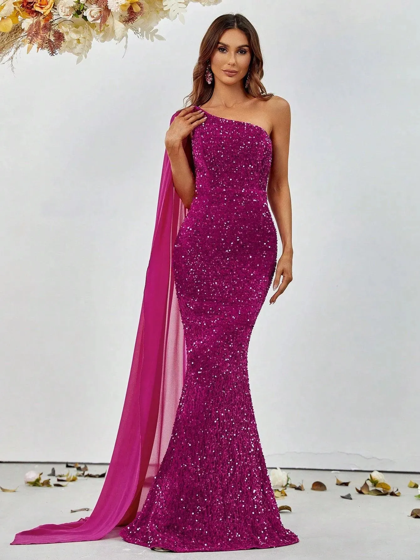 Elegant Sequin One Shoulder Sash Prom Dresses