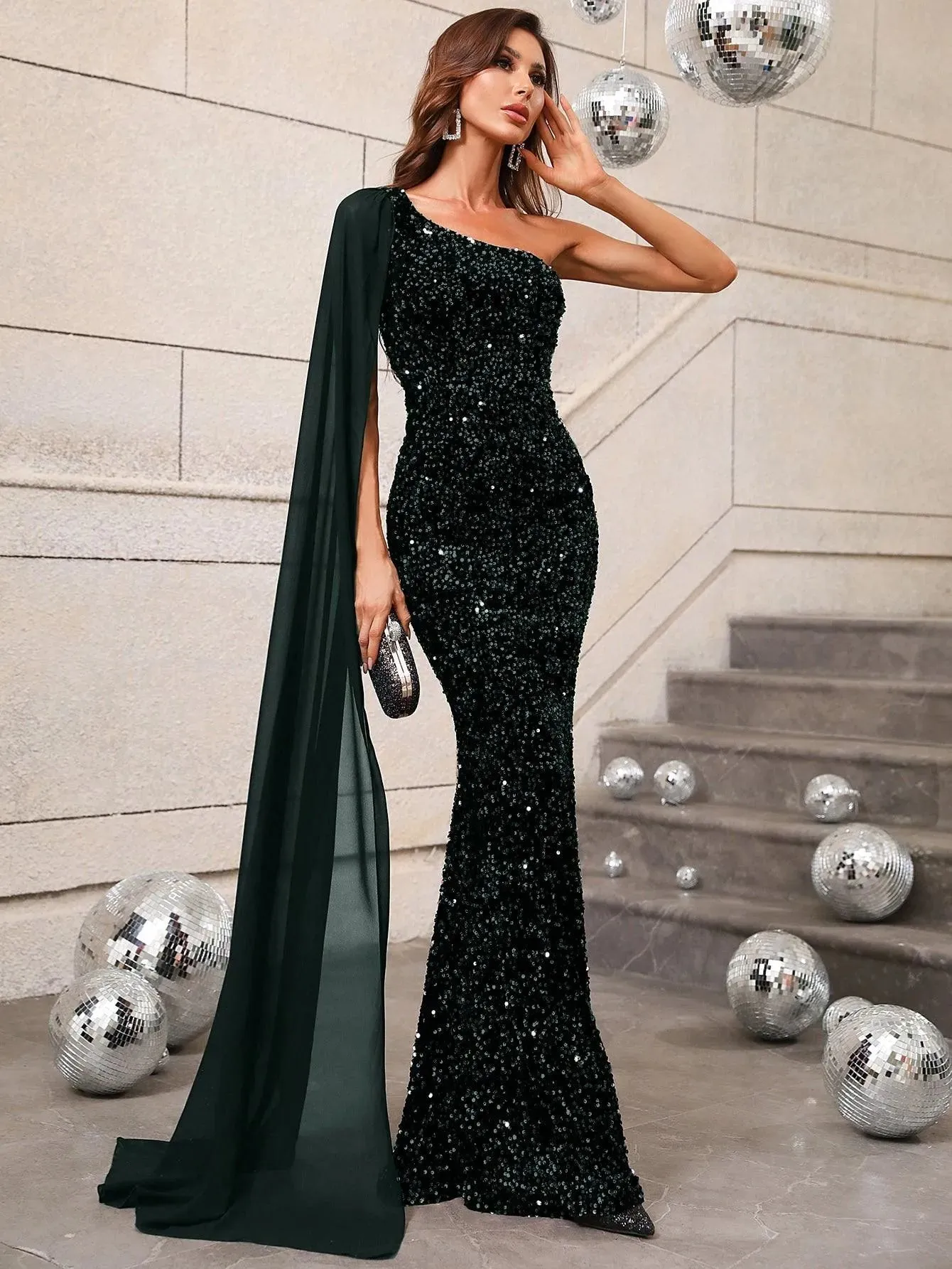 Elegant Sequin One Shoulder Sash Prom Dresses