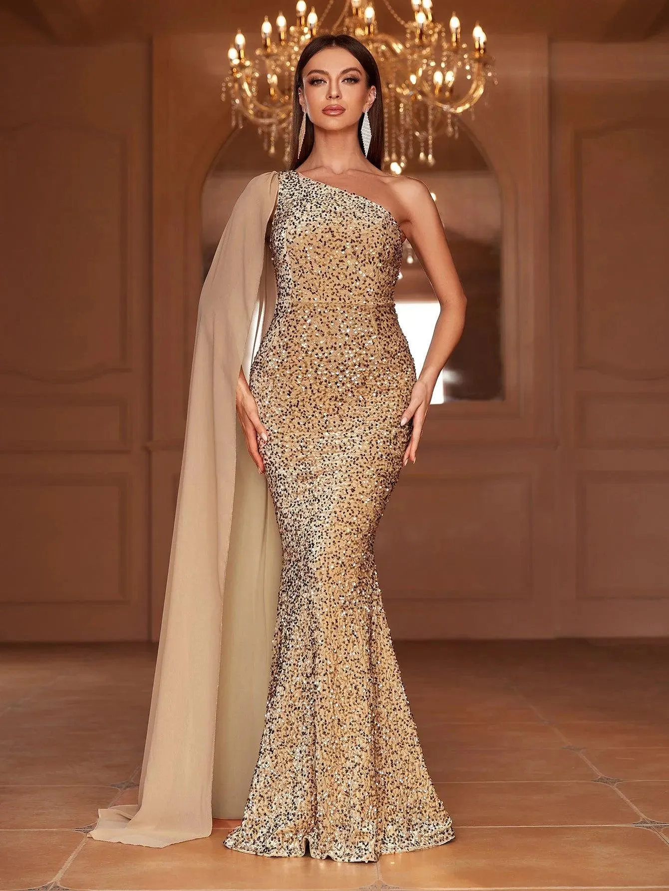 Elegant Sequin One Shoulder Sash Prom Dresses