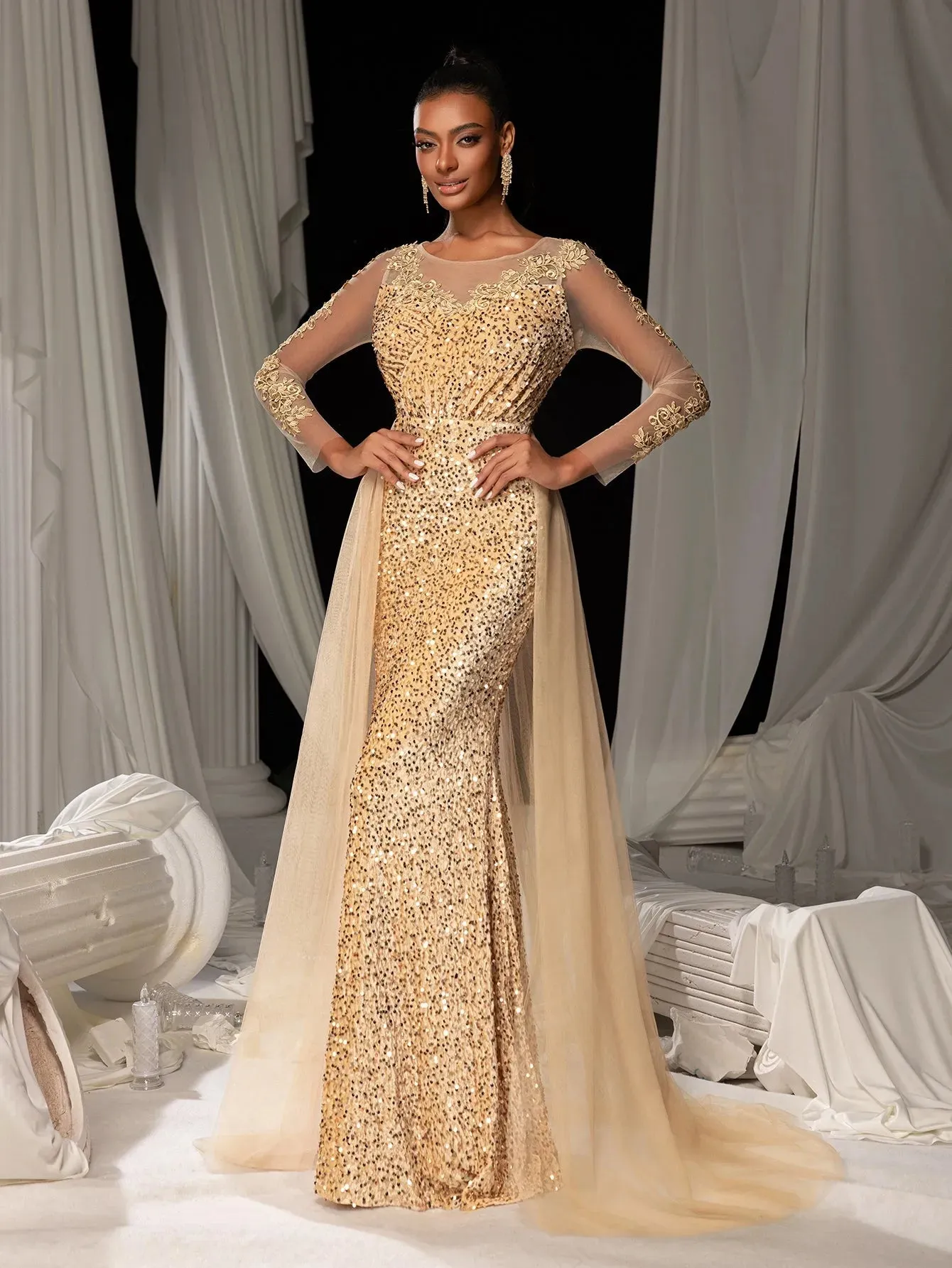 Elegant Sheer Sleeves Mesh Train Sequin Evening Dress