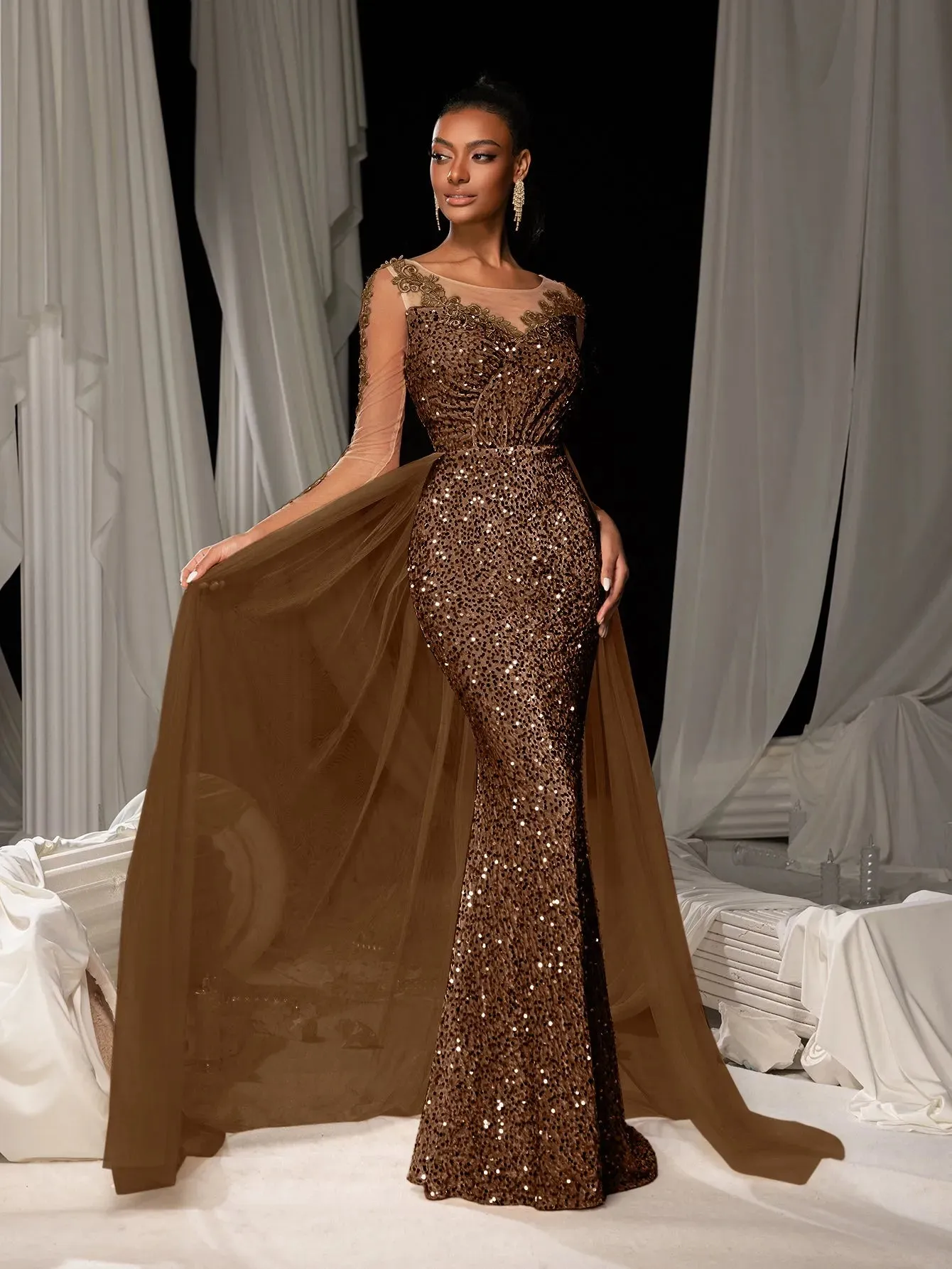 Elegant Sheer Sleeves Mesh Train Sequin Evening Dress