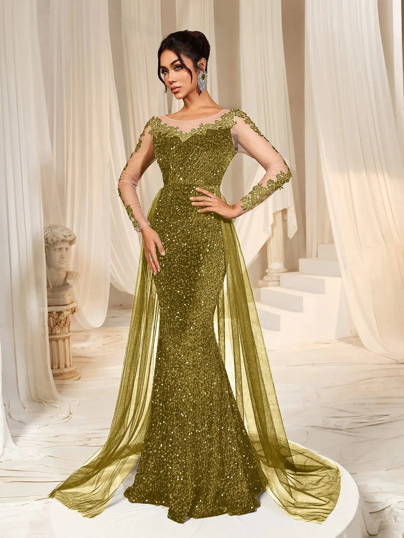 Elegant Sheer Sleeves Mesh Train Sequin Evening Dress