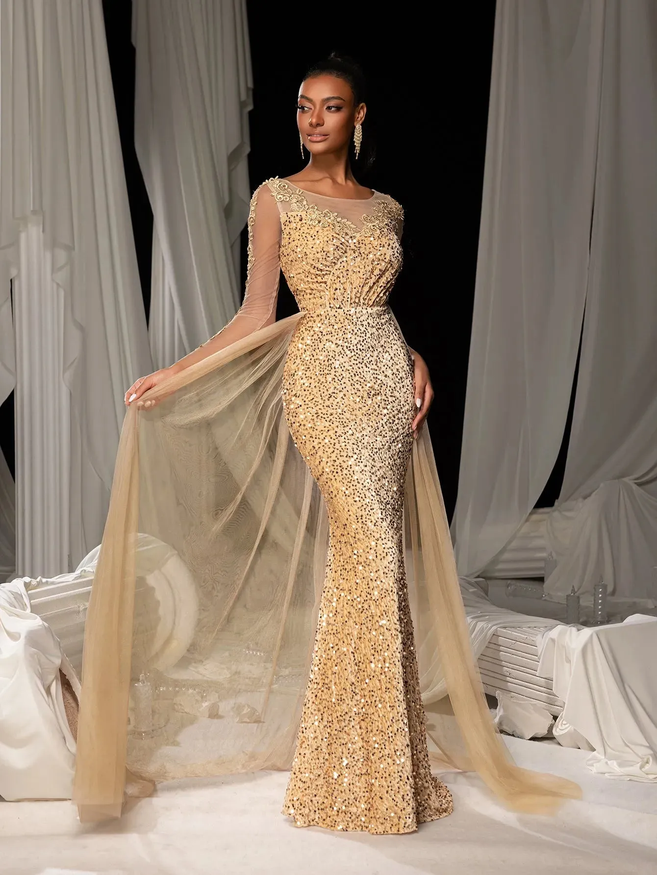 Elegant Sheer Sleeves Mesh Train Sequin Evening Dress