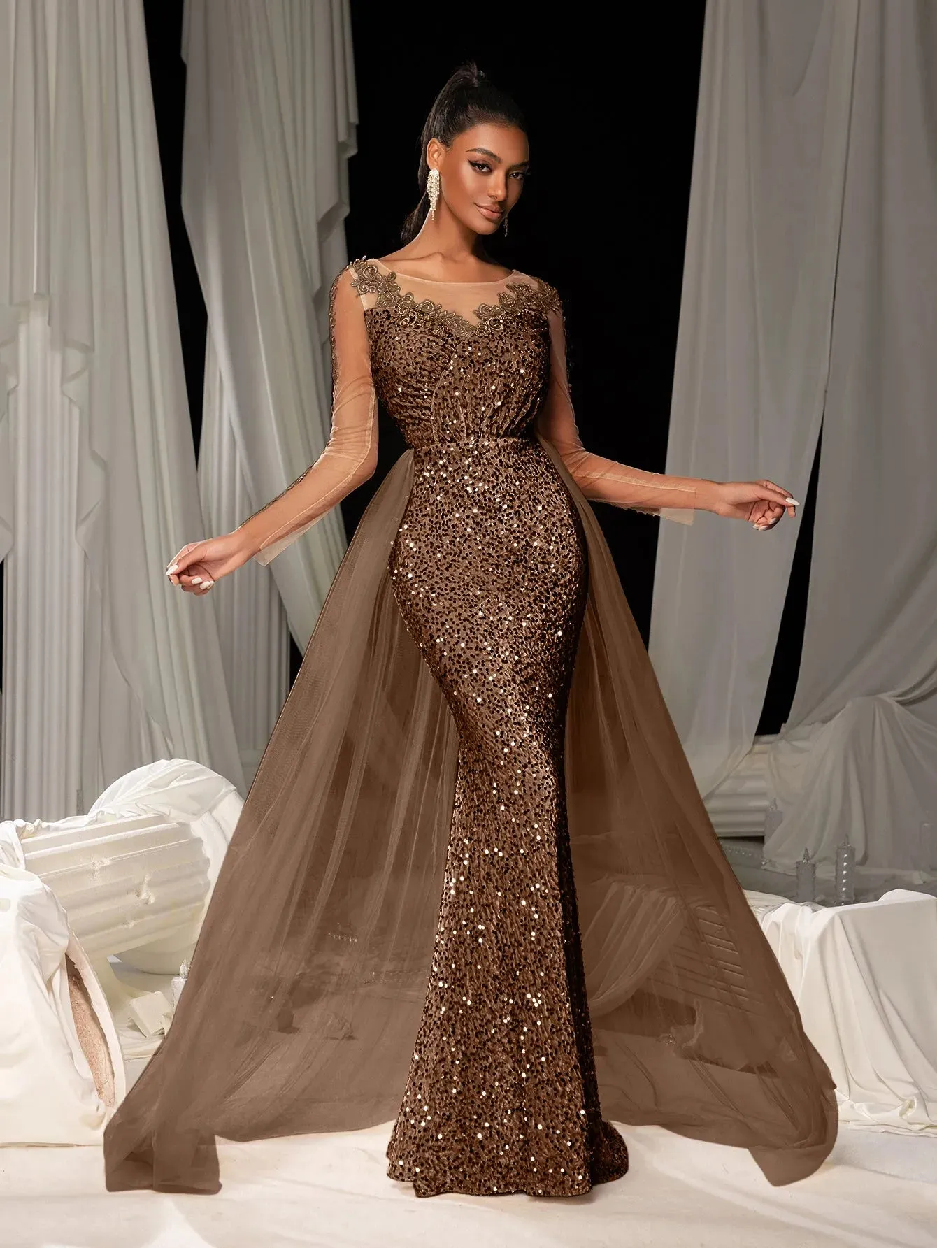 Elegant Sheer Sleeves Mesh Train Sequin Evening Dress