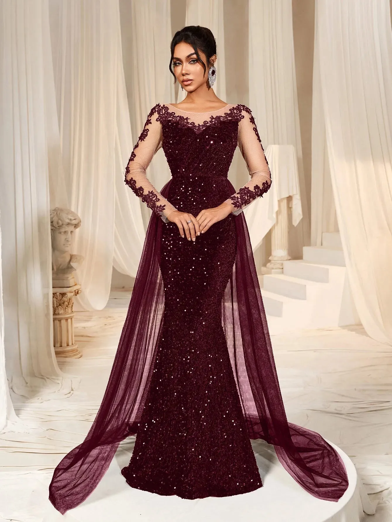 Elegant Sheer Sleeves Mesh Train Sequin Evening Dress