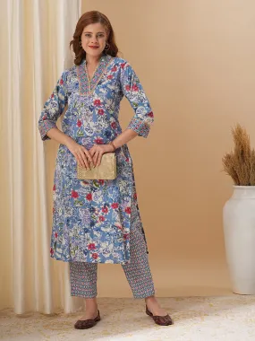 Ethnic & Floral Printed Mirror Embroidered Straight Fit Kurta with Pant - Blue