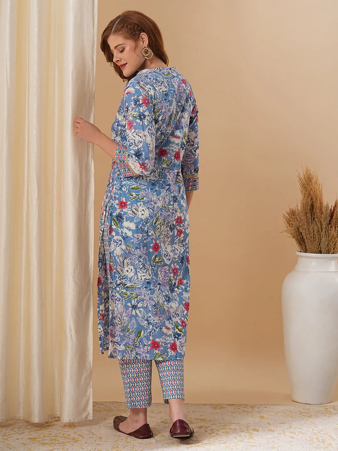 Ethnic & Floral Printed Mirror Embroidered Straight Fit Kurta with Pant - Blue