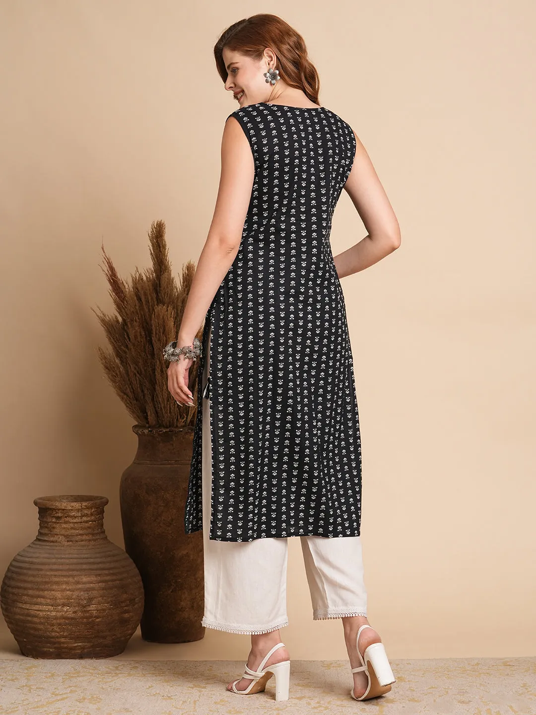 Ethnic Floral Printed & Embroidered Straight Fit Kurta with Tie - Ups - Black