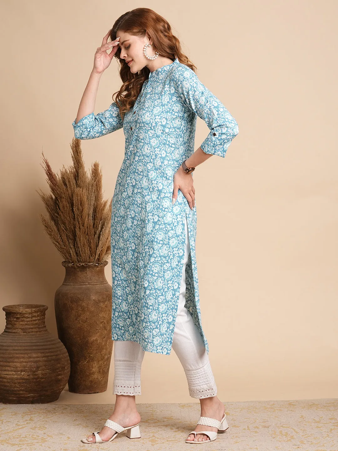 Ethnic Floral Printed Straight Fit Kurta - Blue