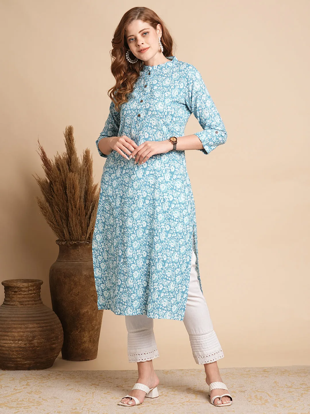 Ethnic Floral Printed Straight Fit Kurta - Blue