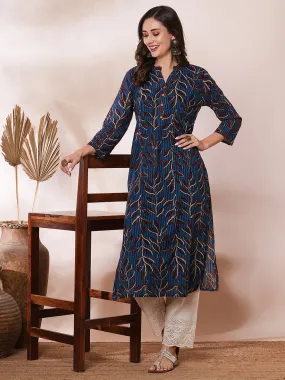 Ethnic Floral Printed Straight Fit Kurta - Blue