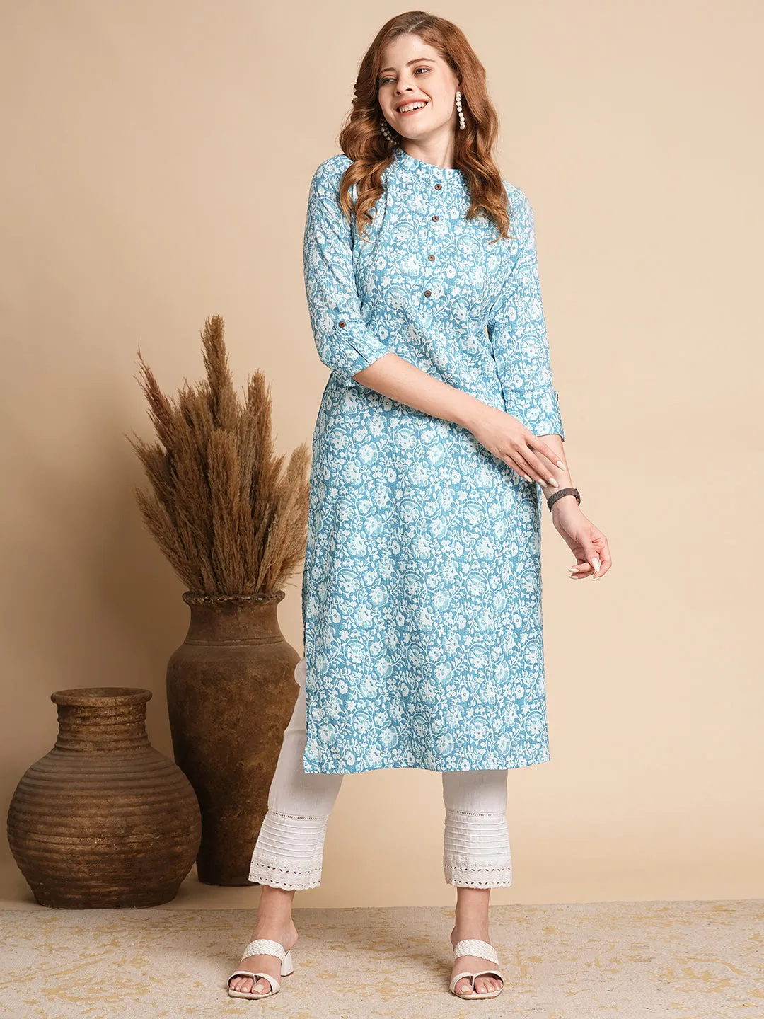 Ethnic Floral Printed Straight Fit Kurta - Blue