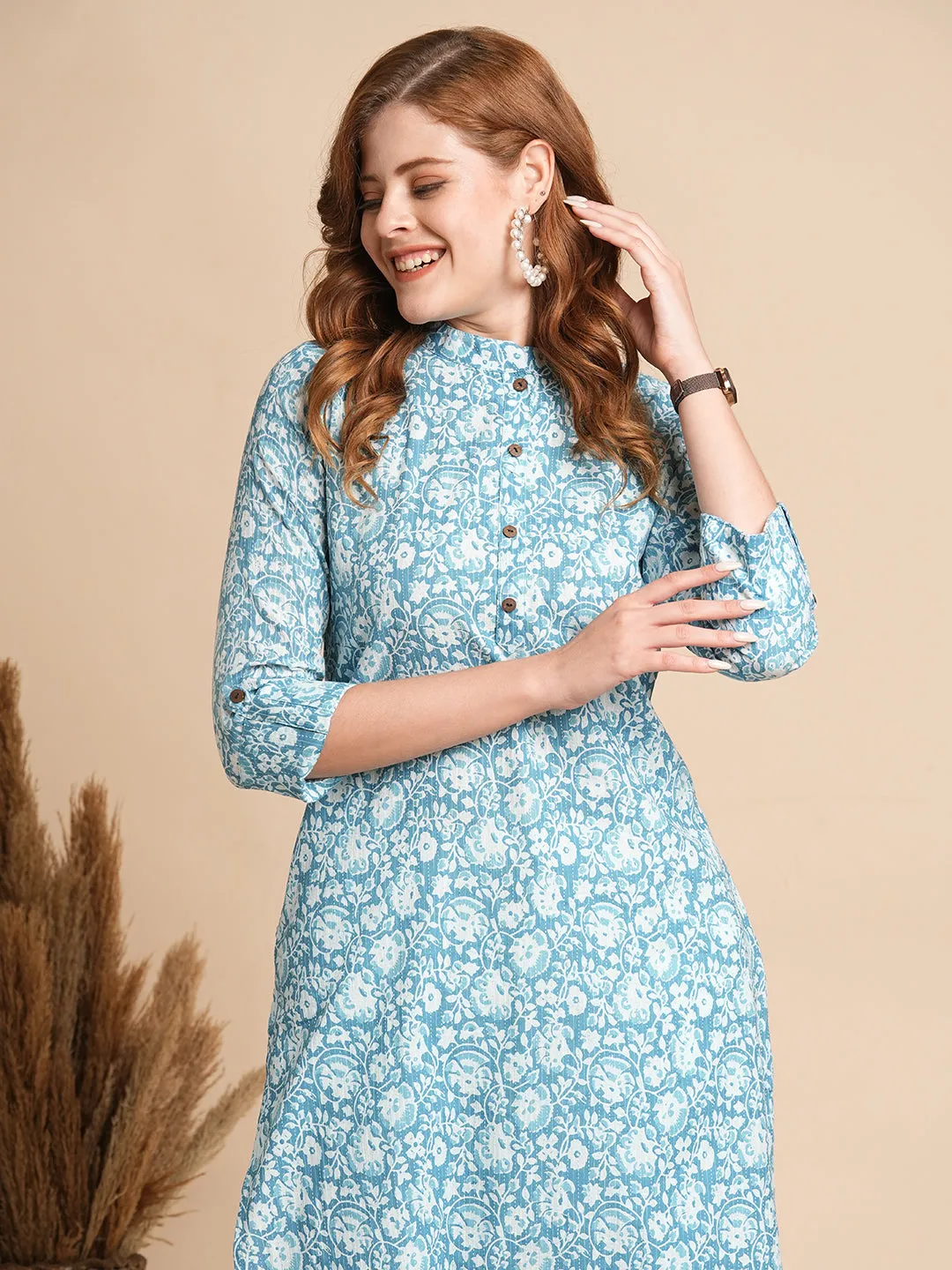 Ethnic Floral Printed Straight Fit Kurta - Blue